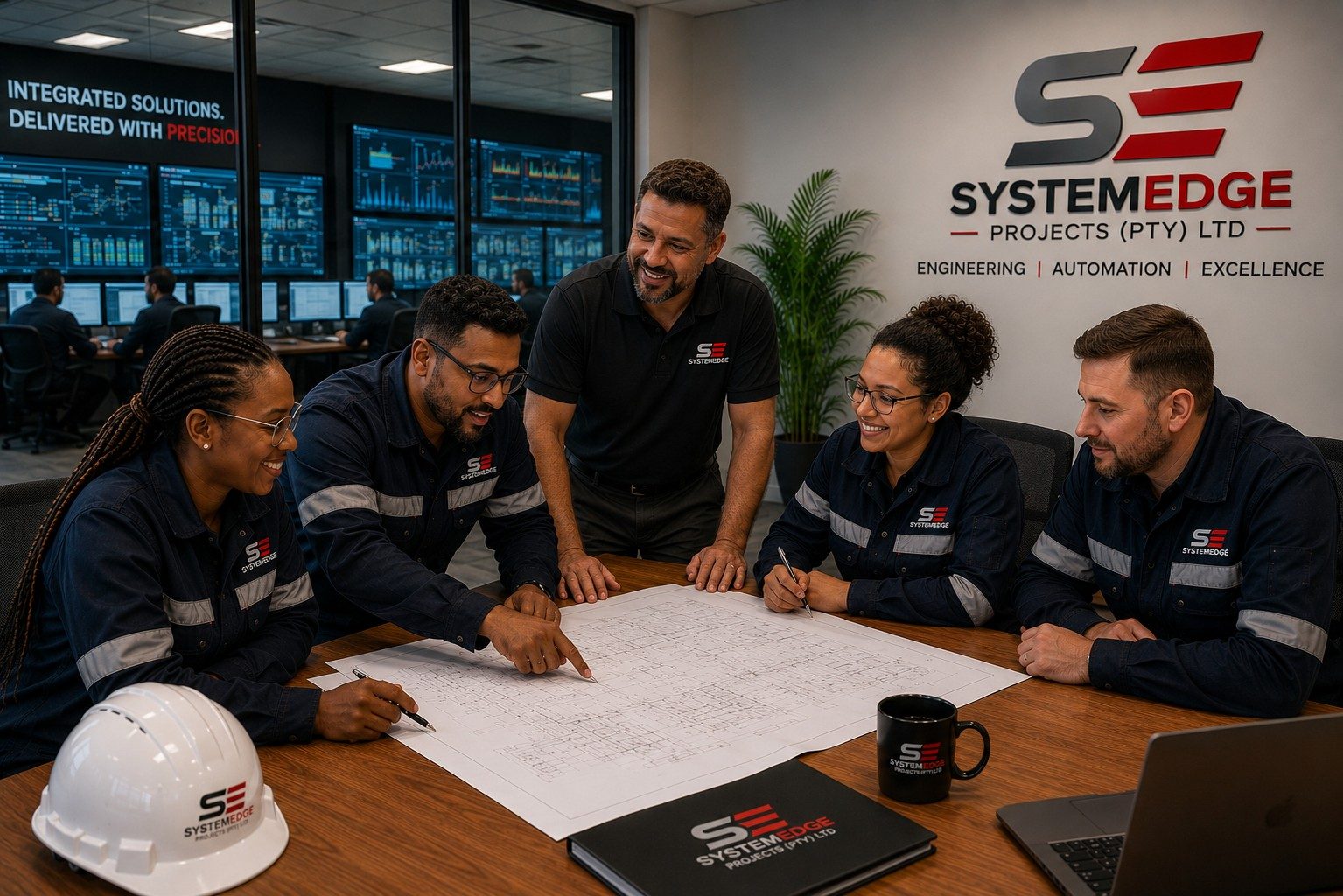 SystemEdge team reviewing project drawings in the boardroom, demonstrating teamwork and engineering excellence